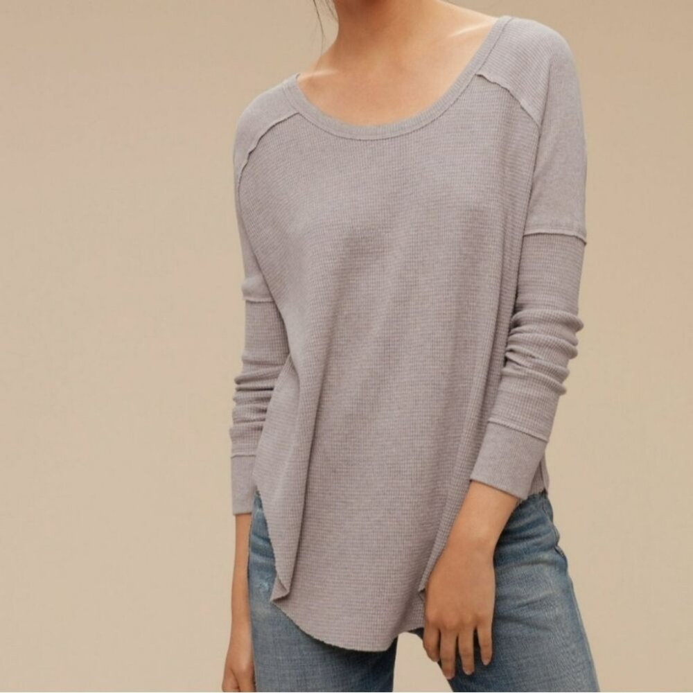 Golden by TNA Women's Grey UThermal Waffle Knit Scoop Neck Long Sleeve Top Sz M